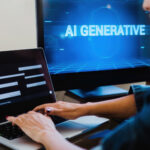AI generative app. Woman chatting with Artificial Intelligence software in computer laptop. Technology trends