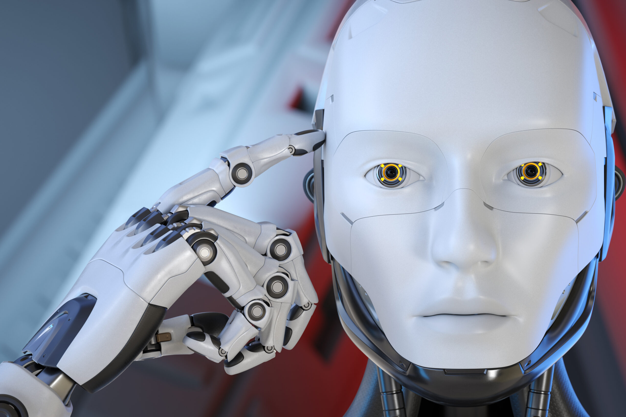 The robot put his finger to the head